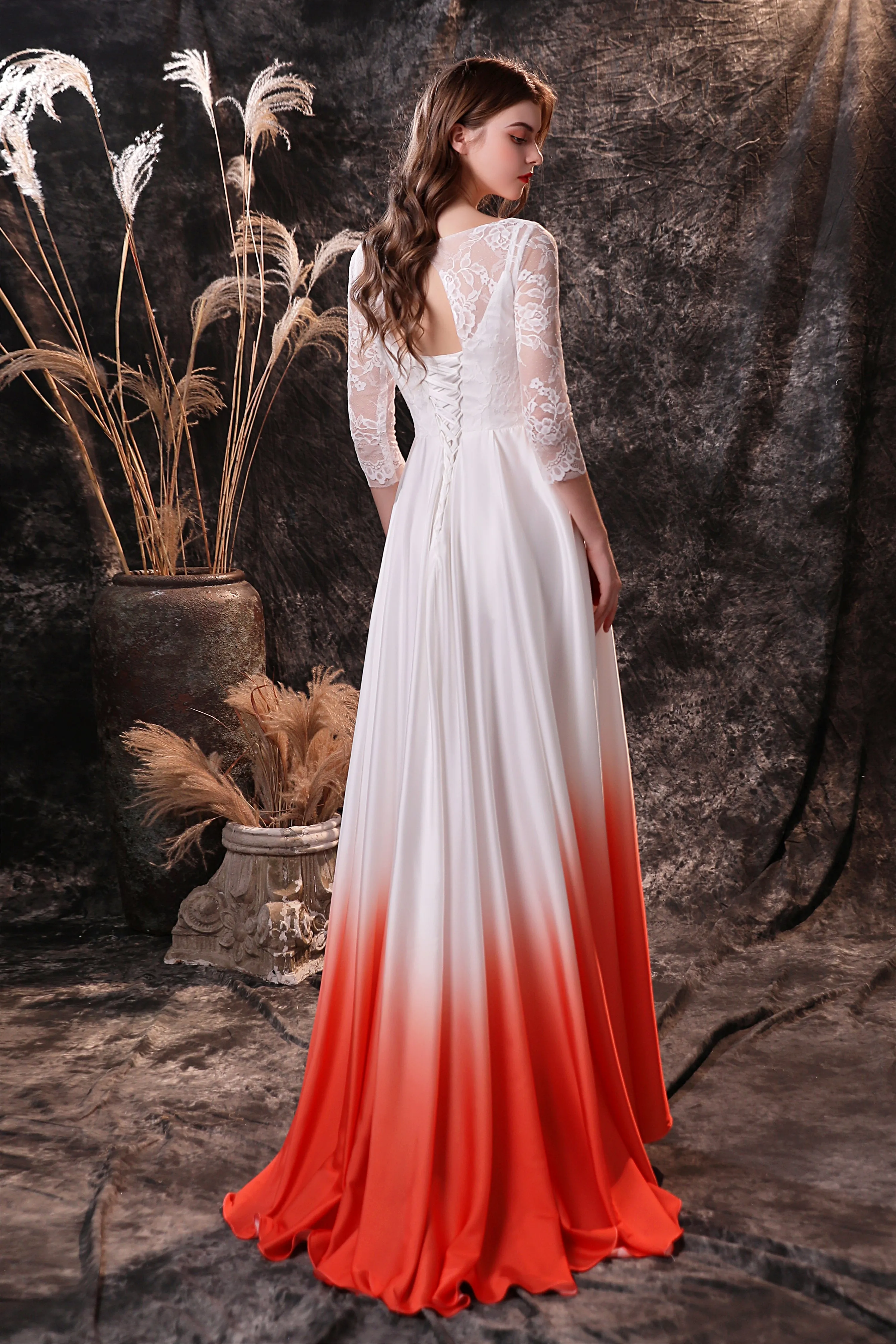 A Line 3/4 Sleeve Ombre Silk Like Satin Sweep Train Prom Dresses