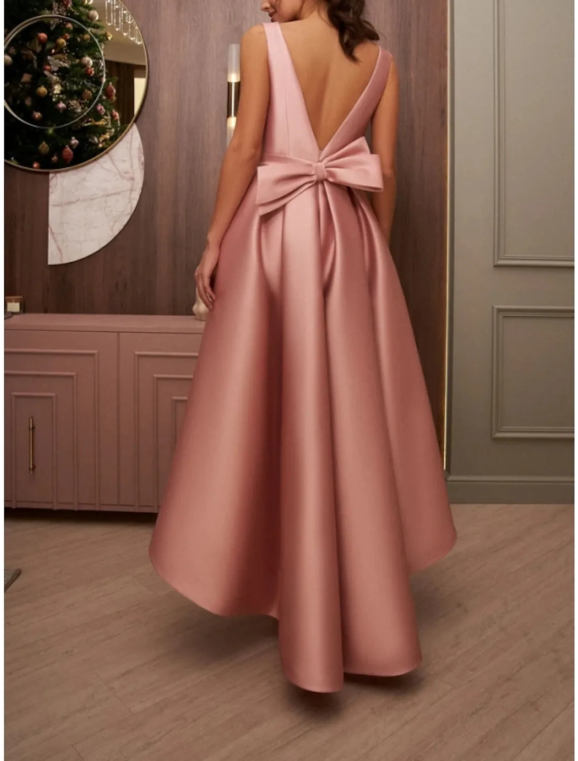 A-Line Cocktail Dresses Elegant Dress Wedding Wedding Guest Asymmetrical Sleeveless V Neck Satin with Bow(s) Pleats