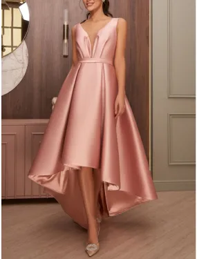 A-Line Cocktail Dresses Elegant Dress Wedding Wedding Guest Asymmetrical Sleeveless V Neck Satin with Bow(s) Pleats