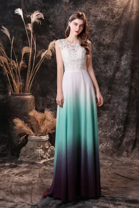 A Line Sleeveless Appliques Ombre Silk Like Satin Floor Length Prom Dresses