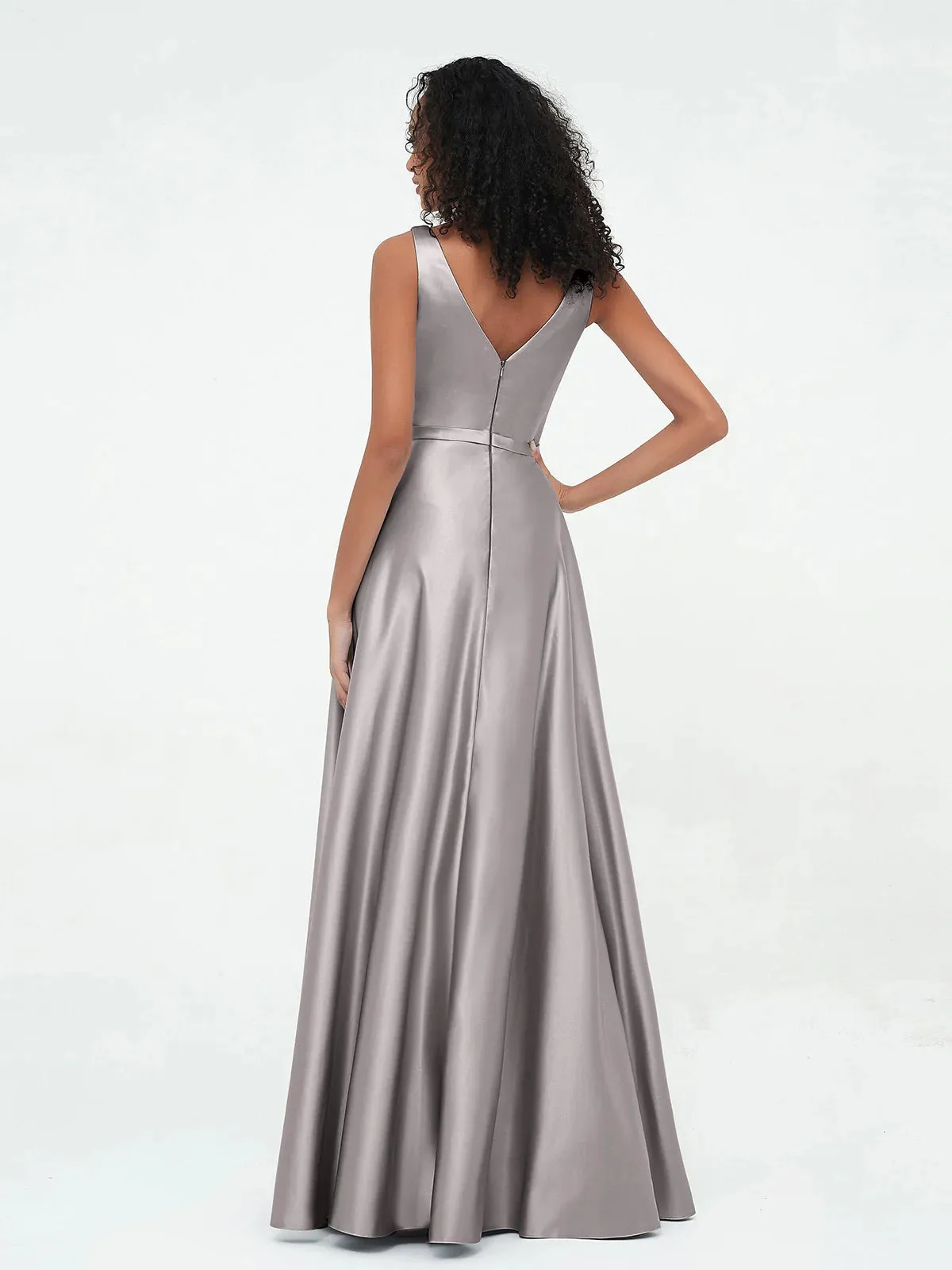 A-line V-neck Max Satin Dresses with Pockets-Silver Long Bridesmaid Dresses