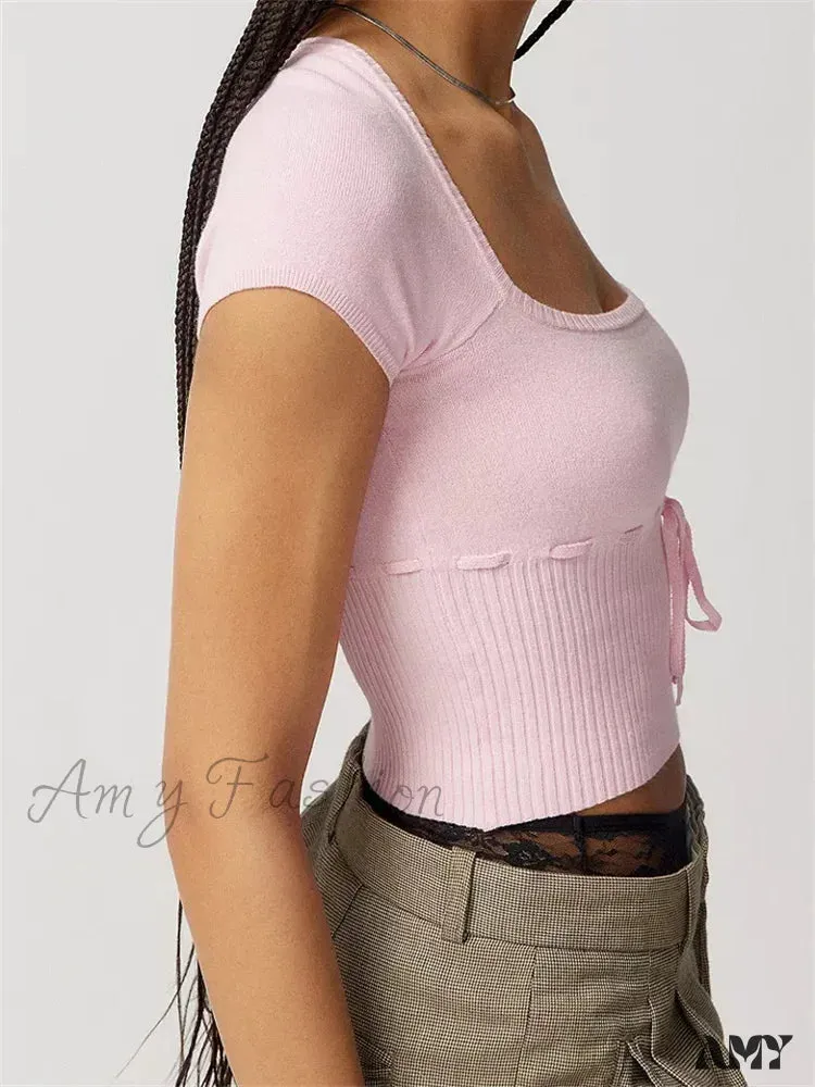 Amy Fashion - Knitted Ribbed Solid Color Short Sleeve Square Neck Drawstring T-shirts