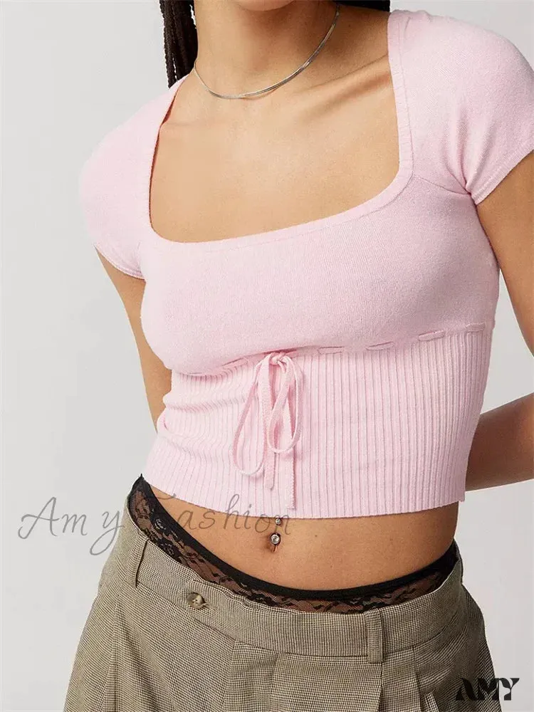 Amy Fashion - Knitted Ribbed Solid Color Short Sleeve Square Neck Drawstring T-shirts