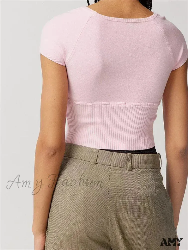 Amy Fashion - Knitted Ribbed Solid Color Short Sleeve Square Neck Drawstring T-shirts