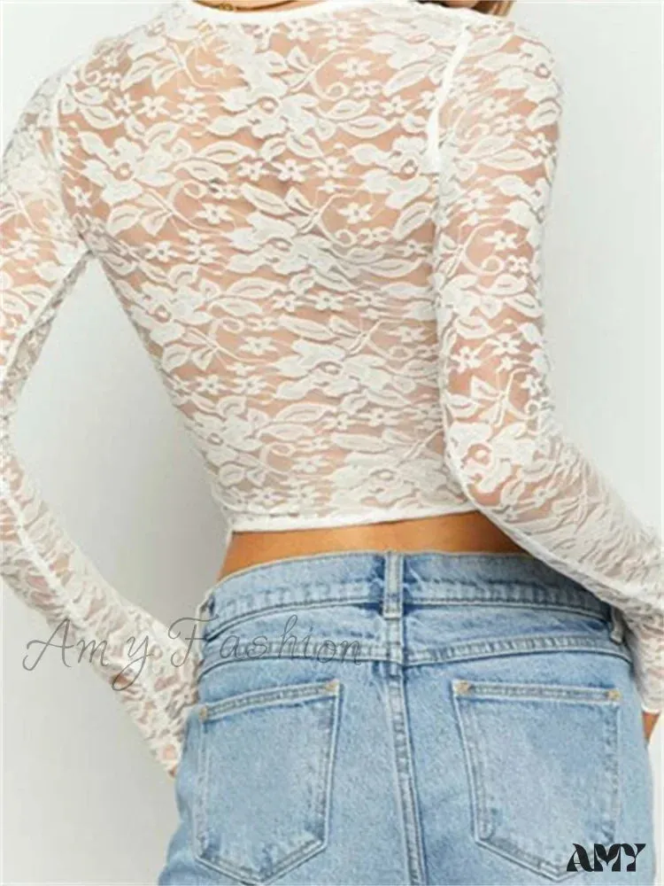 Amy Fashion - Solid Color Lace Floral Front Cutout Slim Fit T-Shirts