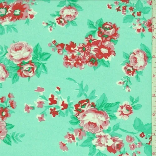 Aquamarine/Red Rose Vine Georgette Fabric