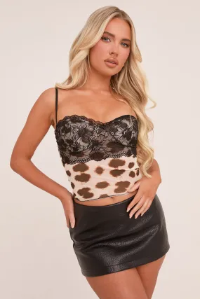 Beige Leopard Print Lace Panel Cropped Top - Clarissa