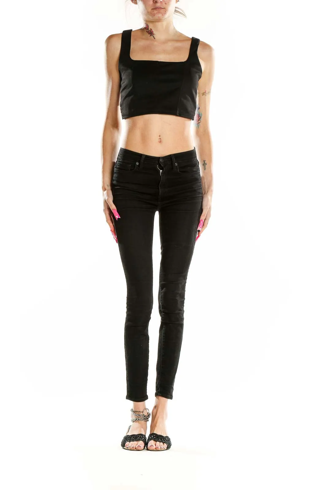 Black Cropped Tank Top with Side Lacing