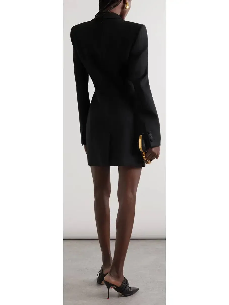 Black Draped Satin-Trimmed Mini Dress