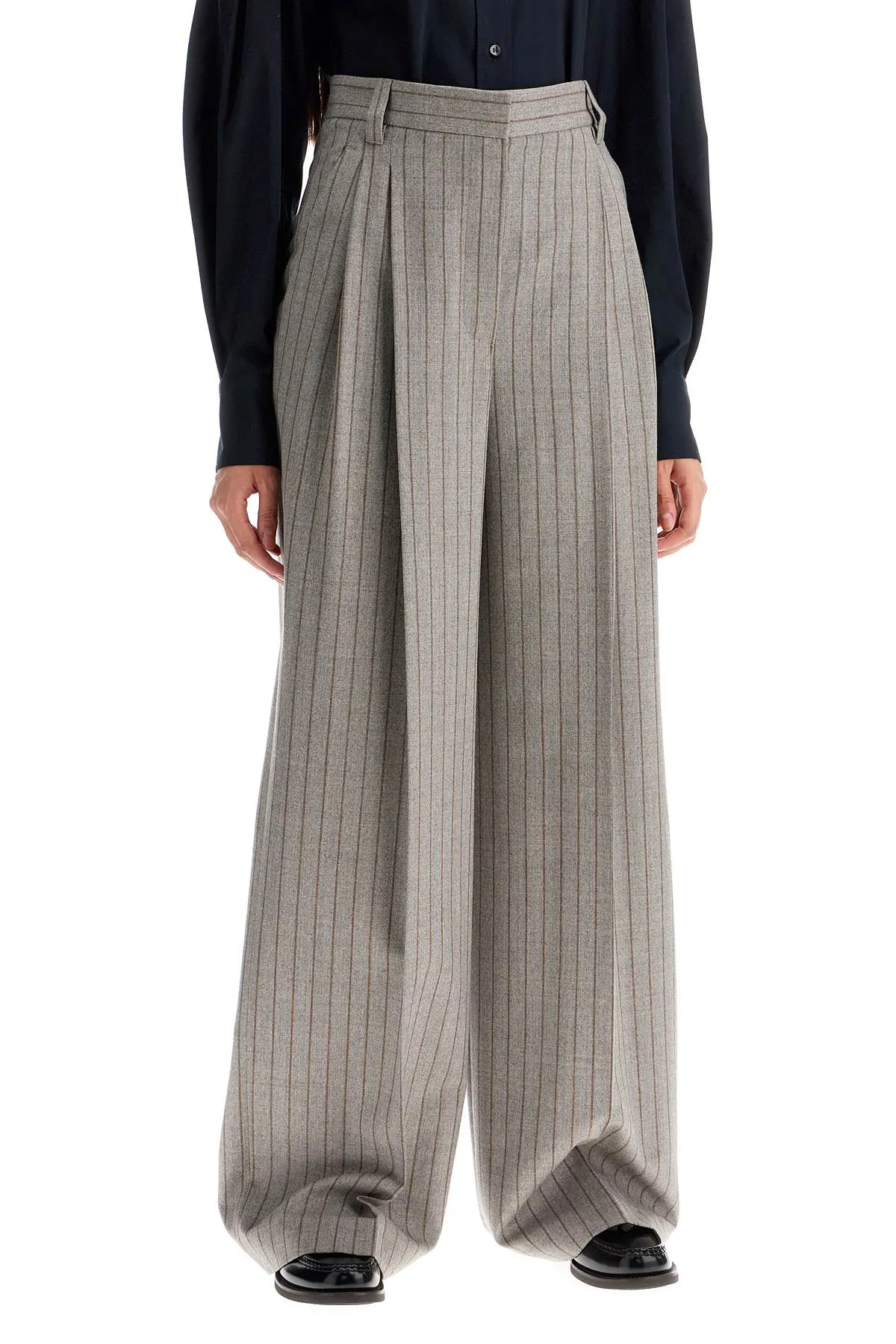 Brunello Cucinelli Wide Virgin Wool Pinstripe Trousers