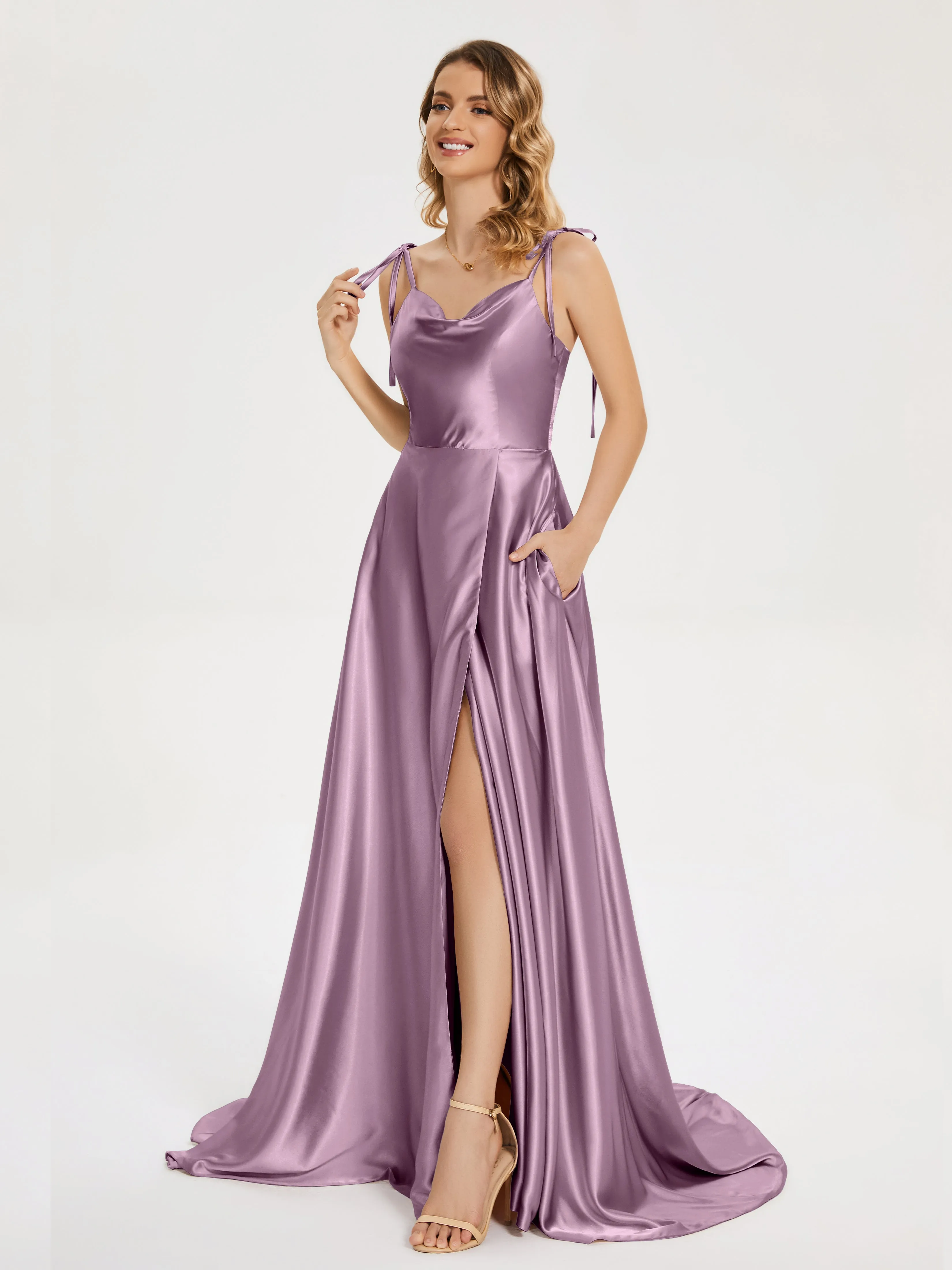 Cowl Court Train Soft Satin Prom Dresses