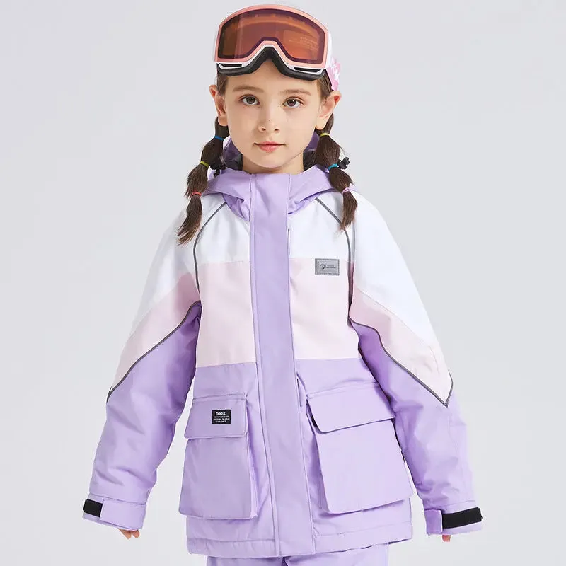 Cute Colorblock Ski Snow Jackets for Kids Windproof Snow Overalls