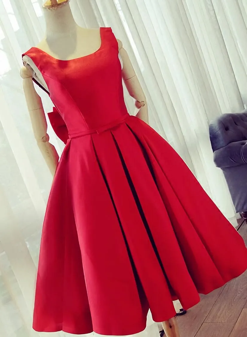 Cute Satin Bow Back Party Dresses, Red Short Homecoming Dresses