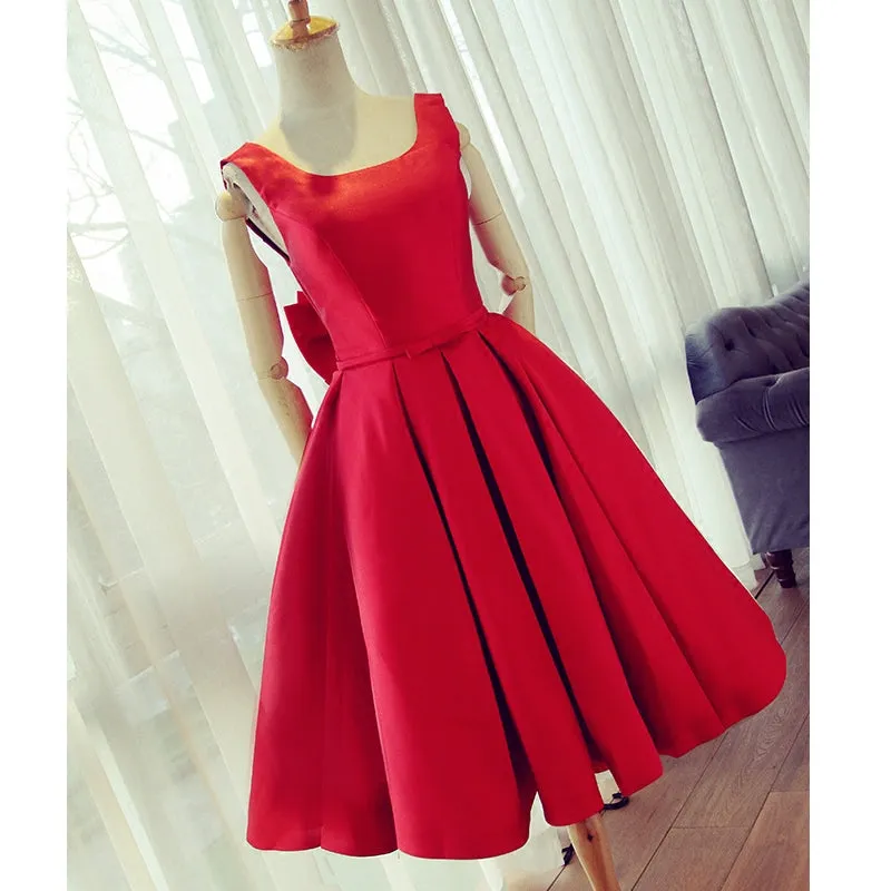 Cute Satin Bow Back Party Dresses, Red Short Homecoming Dresses