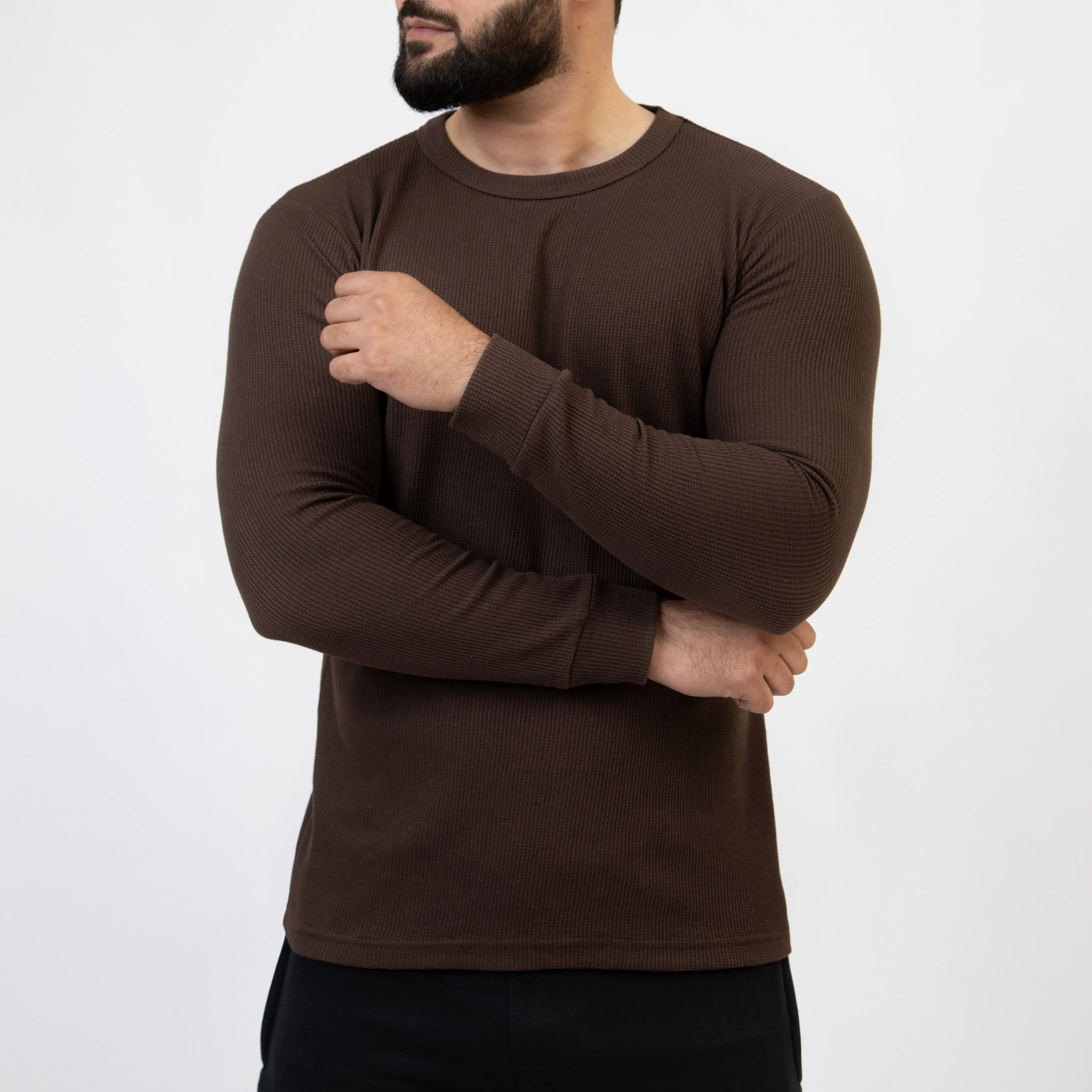 Dark Brown Thermal Full Sleeves Waffle-Knit