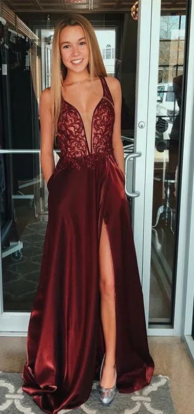 Deep V-neck Burgundy Lace Satin Prom Dresses, High Slit Prom Dresses, Long Prom Dresses