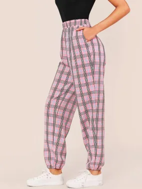 Elastic Waist Slant Pocket Tartan Pants