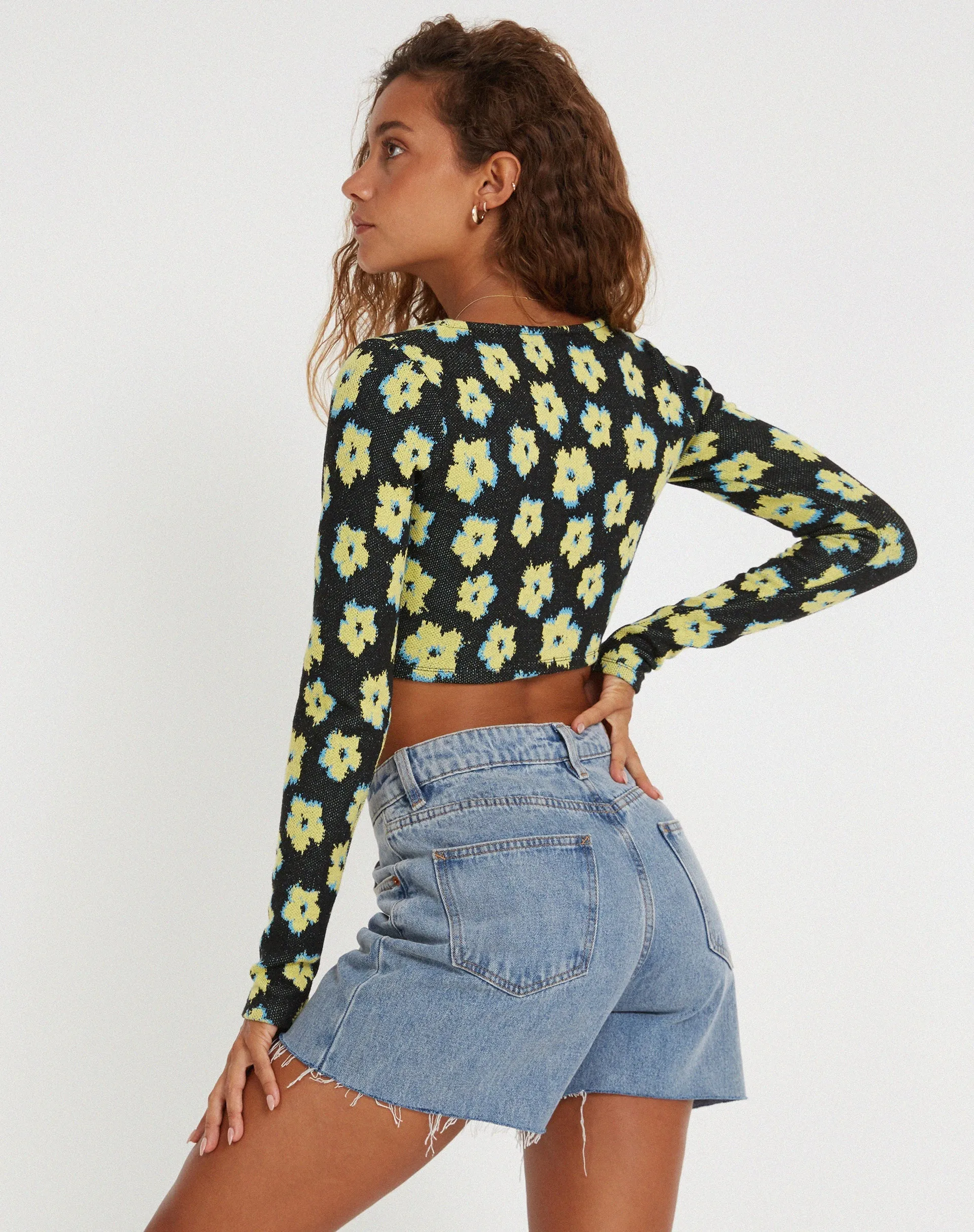 Faline Crop Top in Cute Floral Black and Yellow