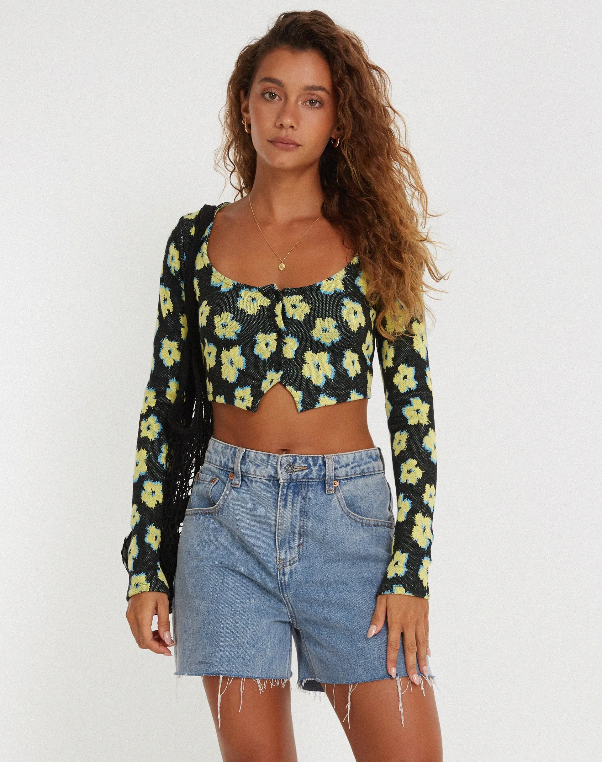 Faline Crop Top in Cute Floral Black and Yellow