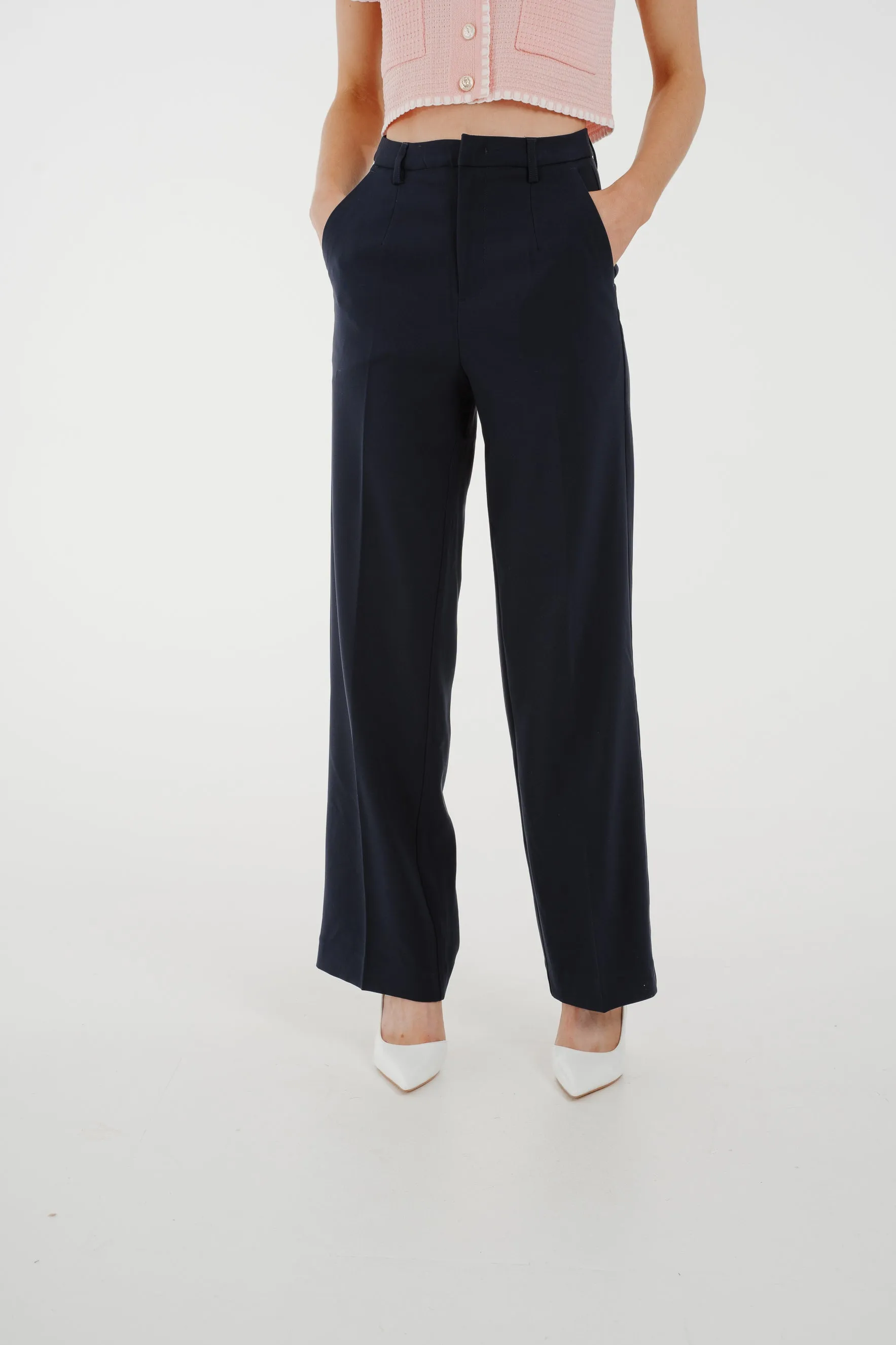 Freya Pleat Front Straight Leg Trouser In Navy