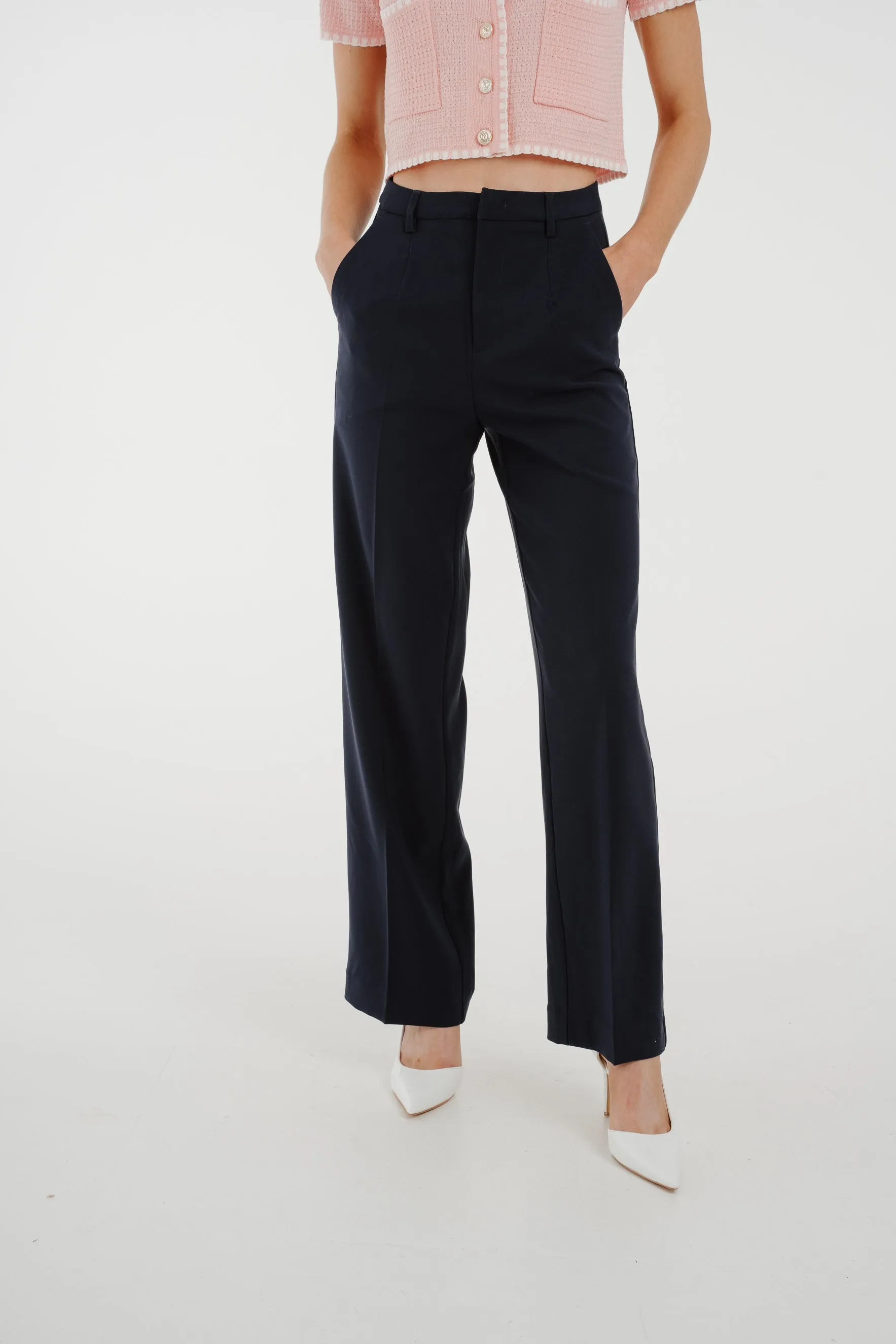 Freya Pleat Front Straight Leg Trouser In Navy