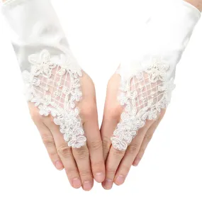 Girls Ivory Pearl Sequin Coiled Lace Satin Communion Flower Girl Gloves