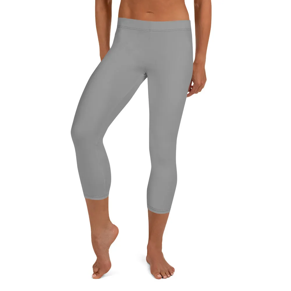 Gray Solid Color Capri Leggings, Grey Solid Color Best Casual Women's Capri Tights-Made in USA/EU/MX