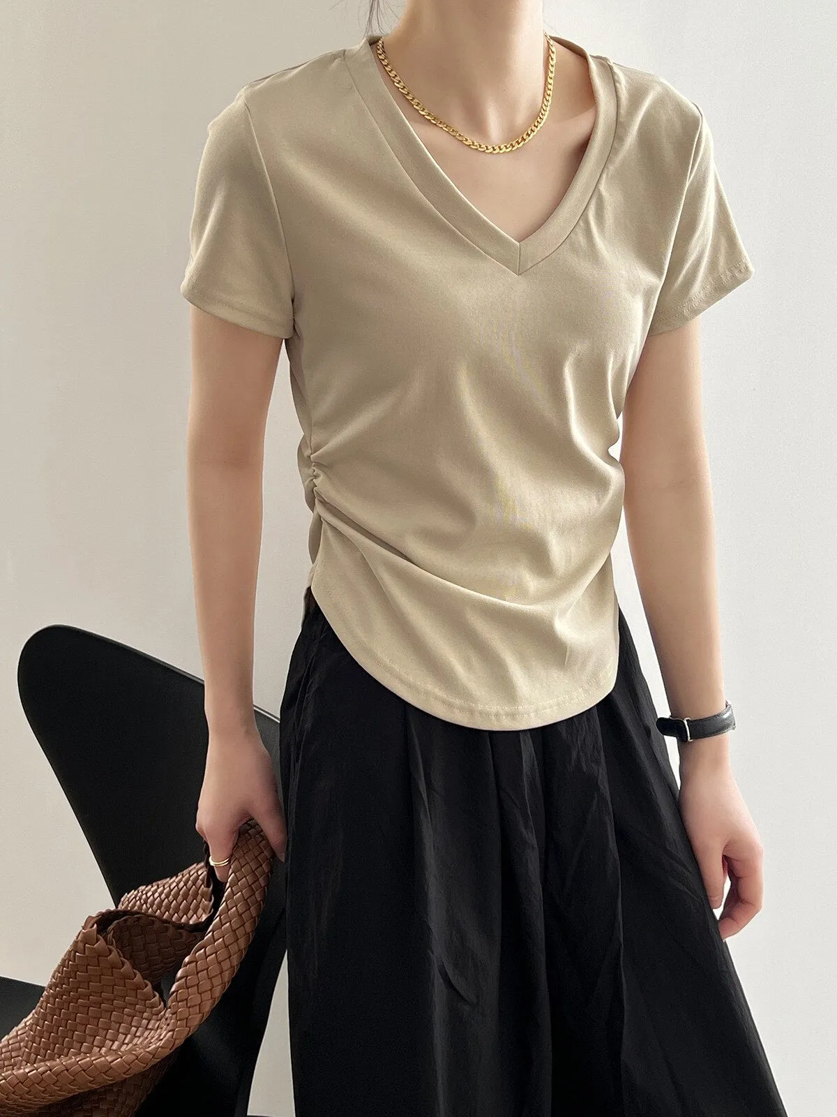 [Korean Style] Basic Solid Color V-neck Side Cinched Crop Top