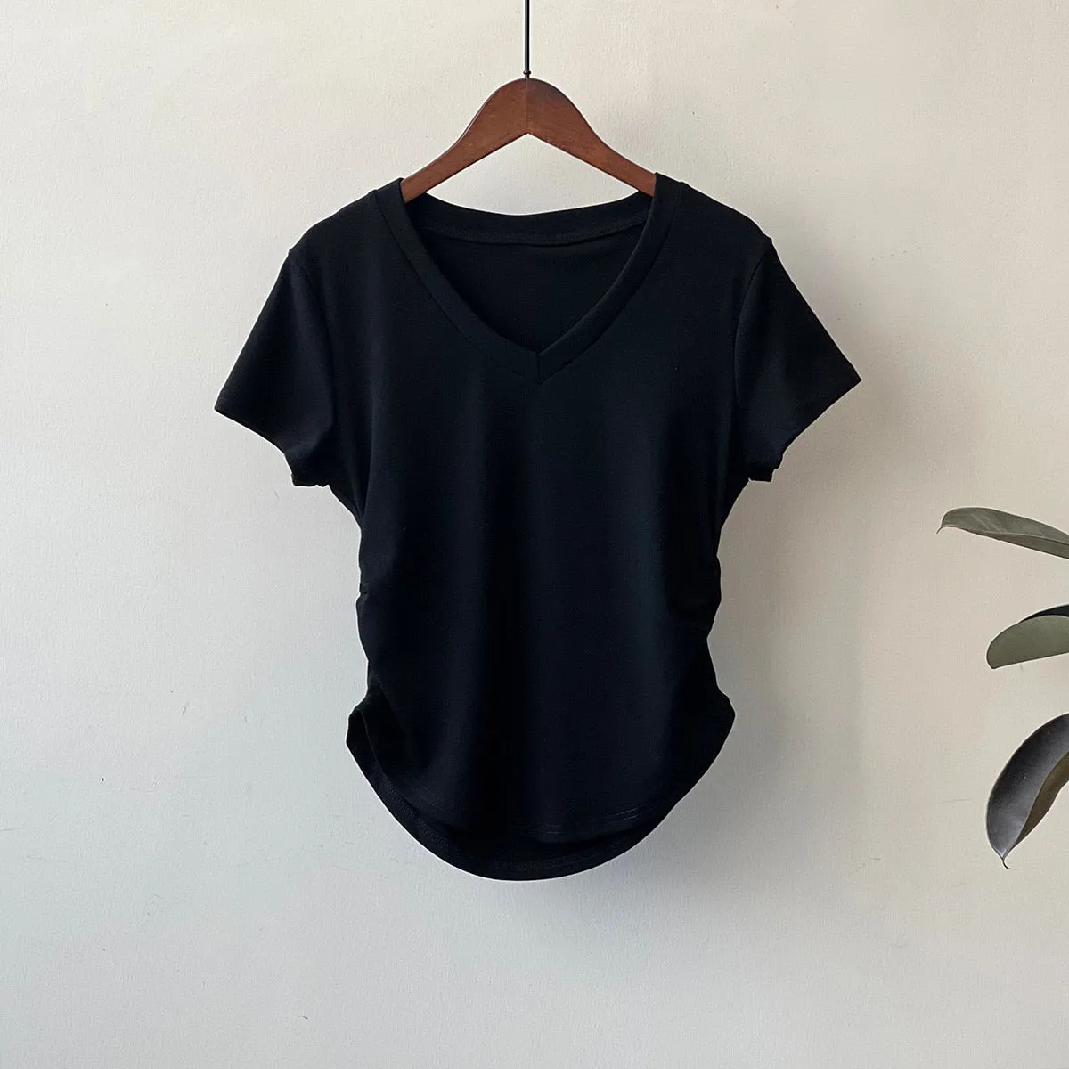 [Korean Style] Basic Solid Color V-neck Side Cinched Crop Top