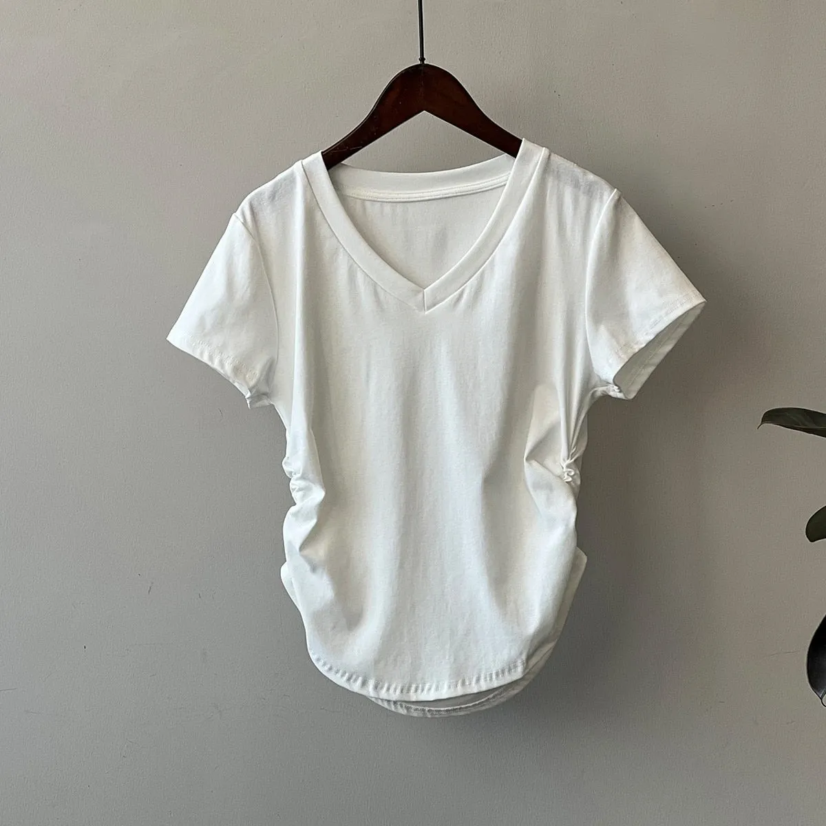 [Korean Style] Basic Solid Color V-neck Side Cinched Crop Top