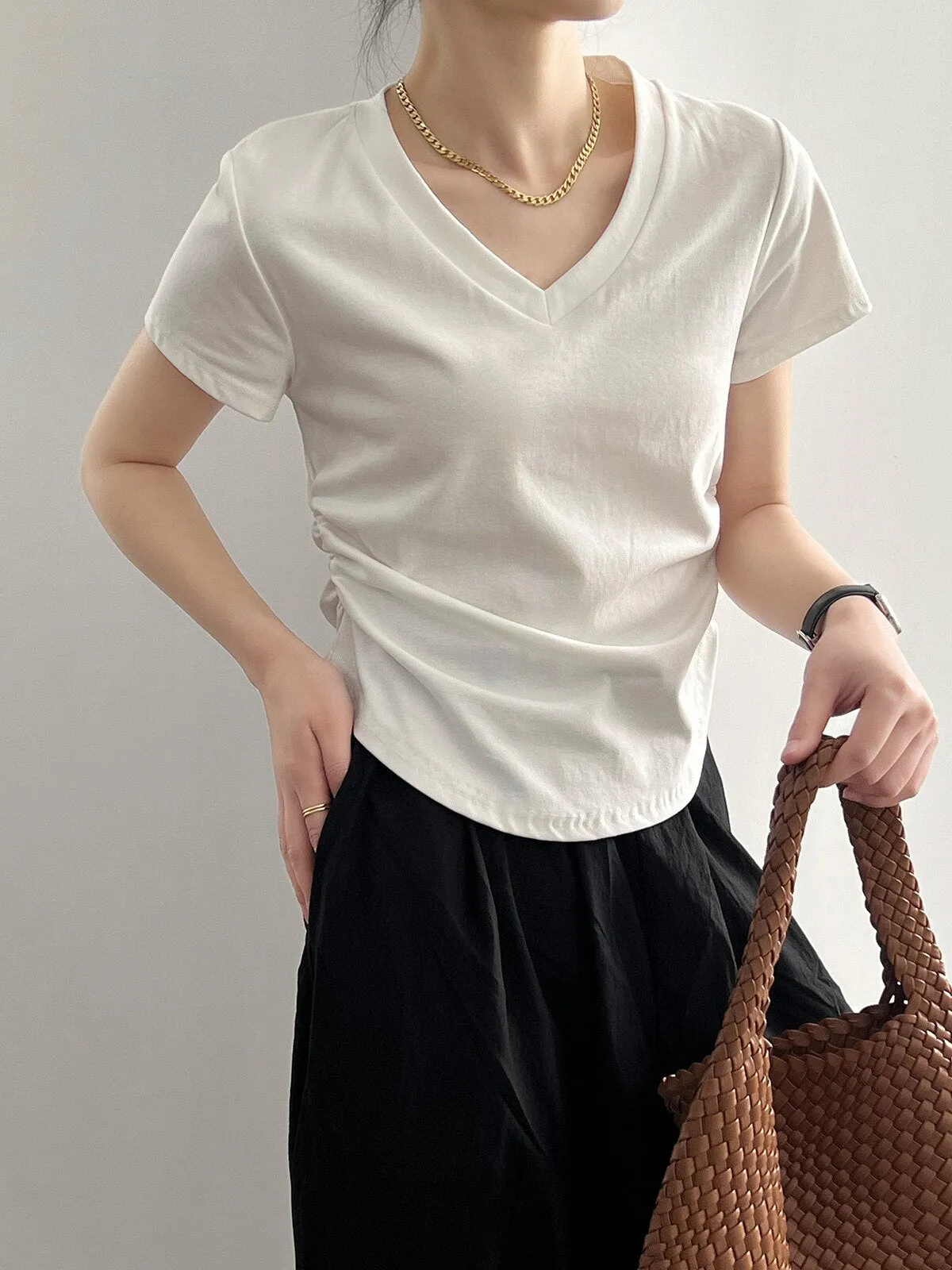 [Korean Style] Basic Solid Color V-neck Side Cinched Crop Top