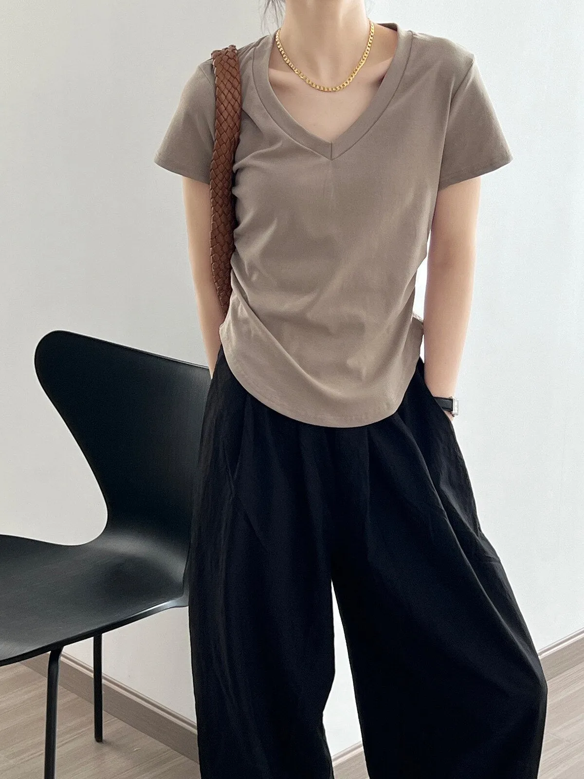 [Korean Style] Basic Solid Color V-neck Side Cinched Crop Top