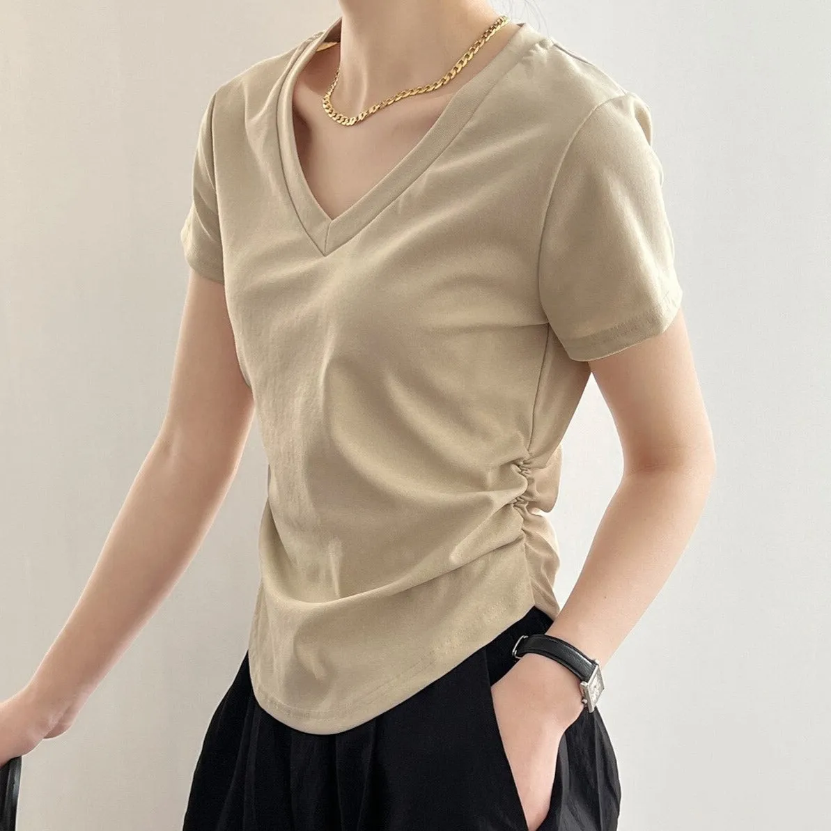 [Korean Style] Basic Solid Color V-neck Side Cinched Crop Top