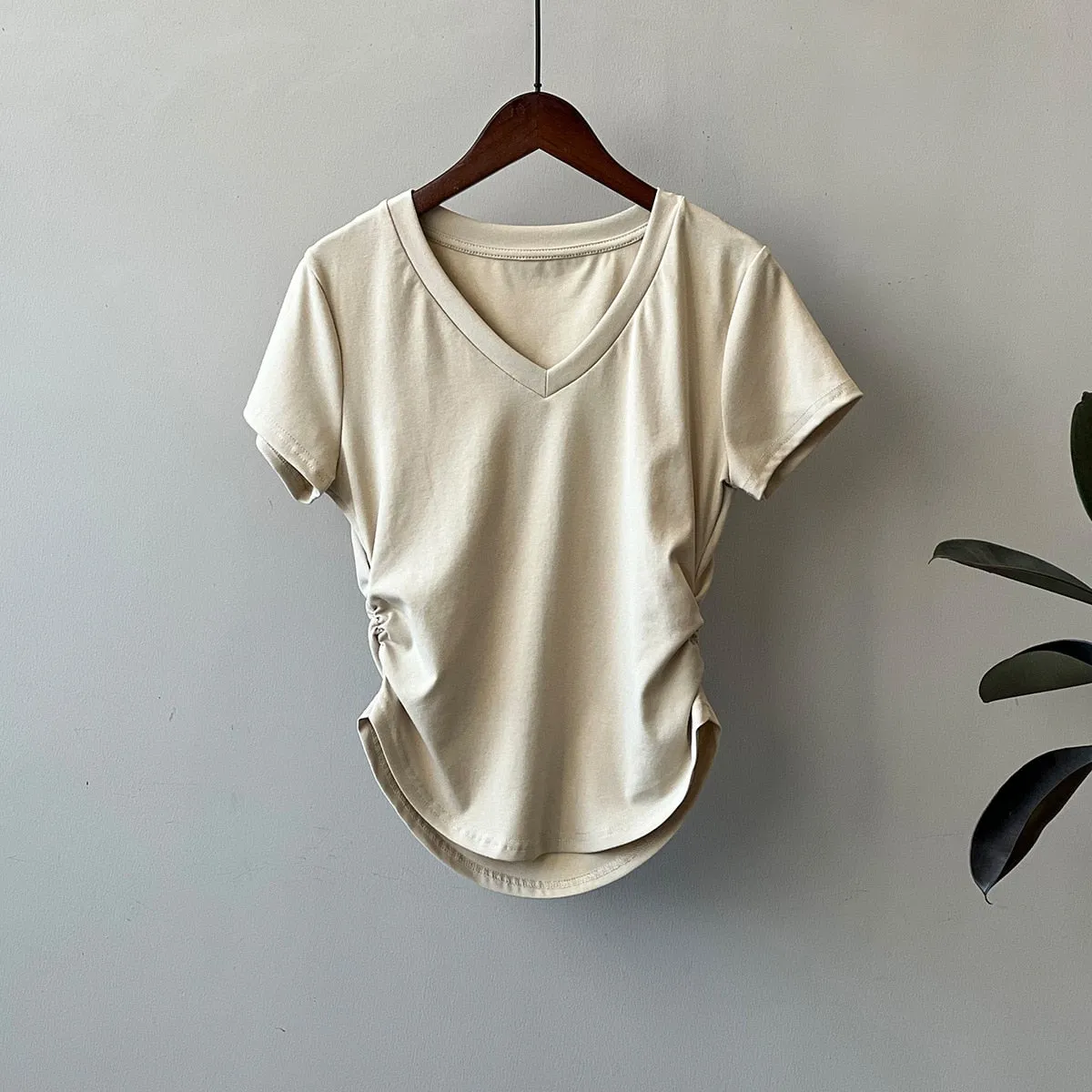 [Korean Style] Basic Solid Color V-neck Side Cinched Crop Top