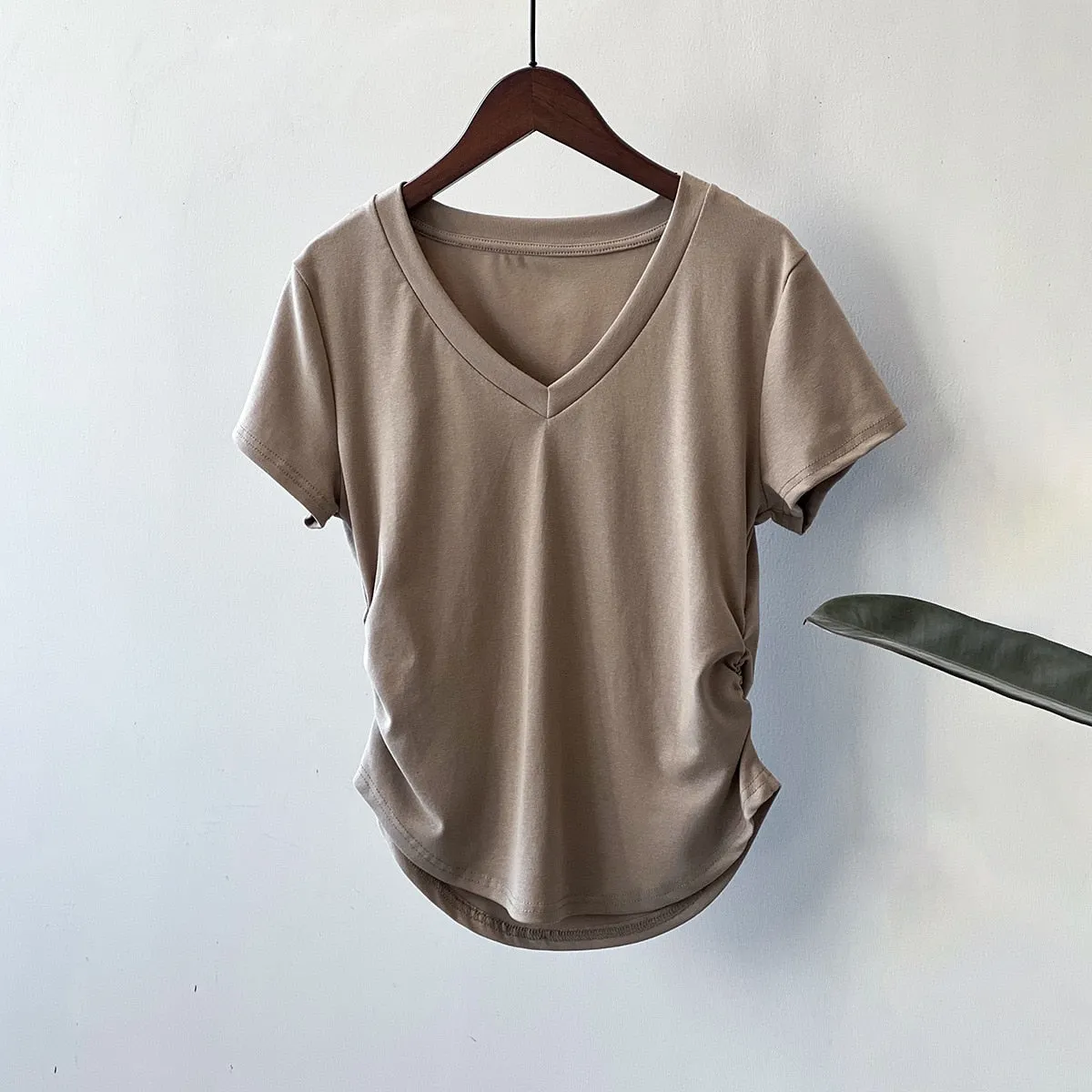 [Korean Style] Basic Solid Color V-neck Side Cinched Crop Top