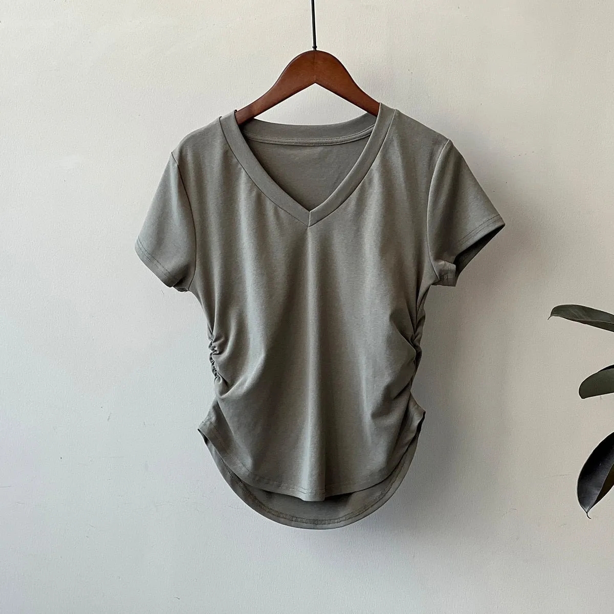 [Korean Style] Basic Solid Color V-neck Side Cinched Crop Top