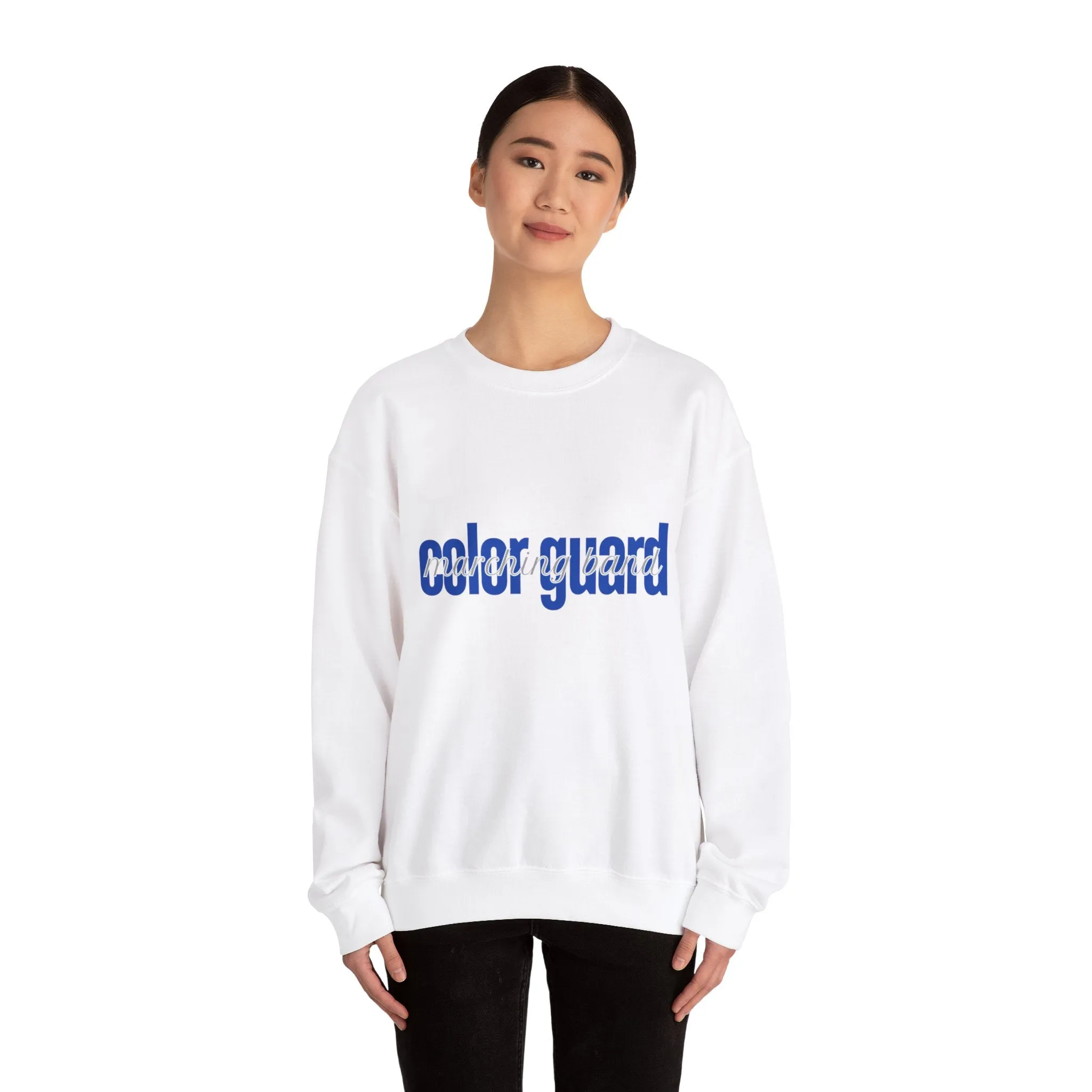 Marching Band Color Guard Blue Lowercase Blue Font Unisex Crewneck Sweatshirt Flag Saber Rifle