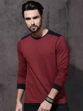 Men's Maroon Cotton Solid Round Neck Tees