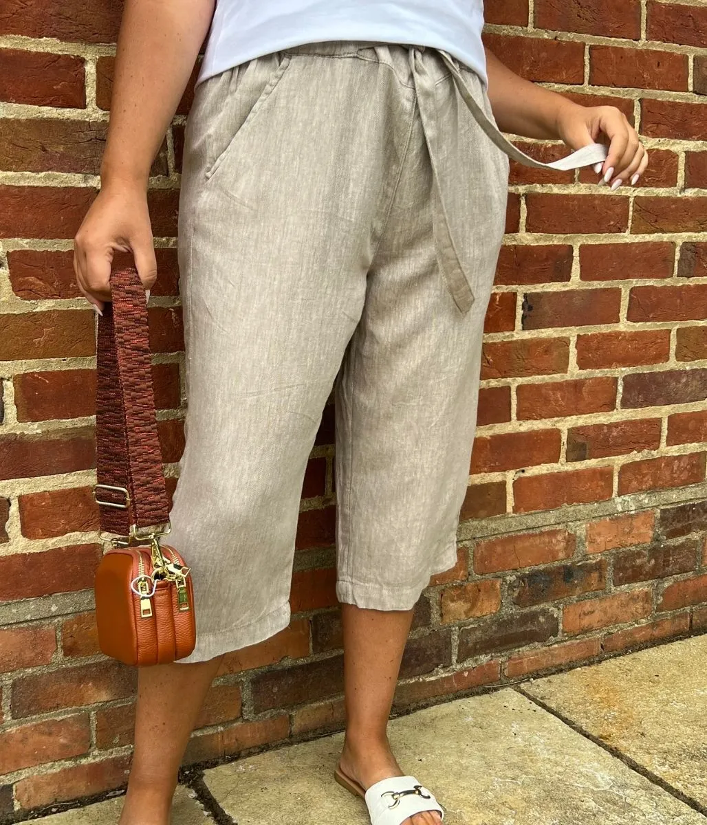 Oatmeal Linen Blend Crop Trousers