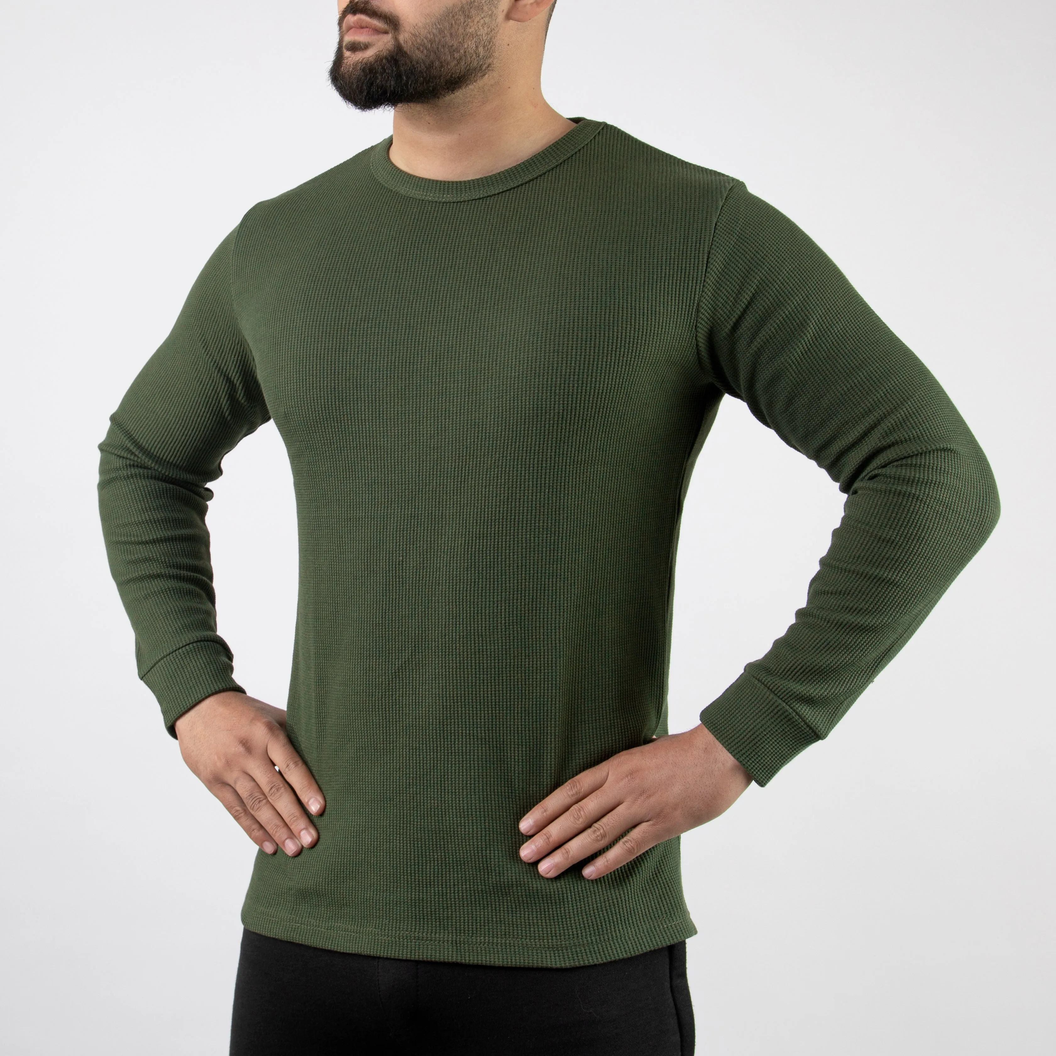 Olive Thermal Full Sleeves Waffle-Knit