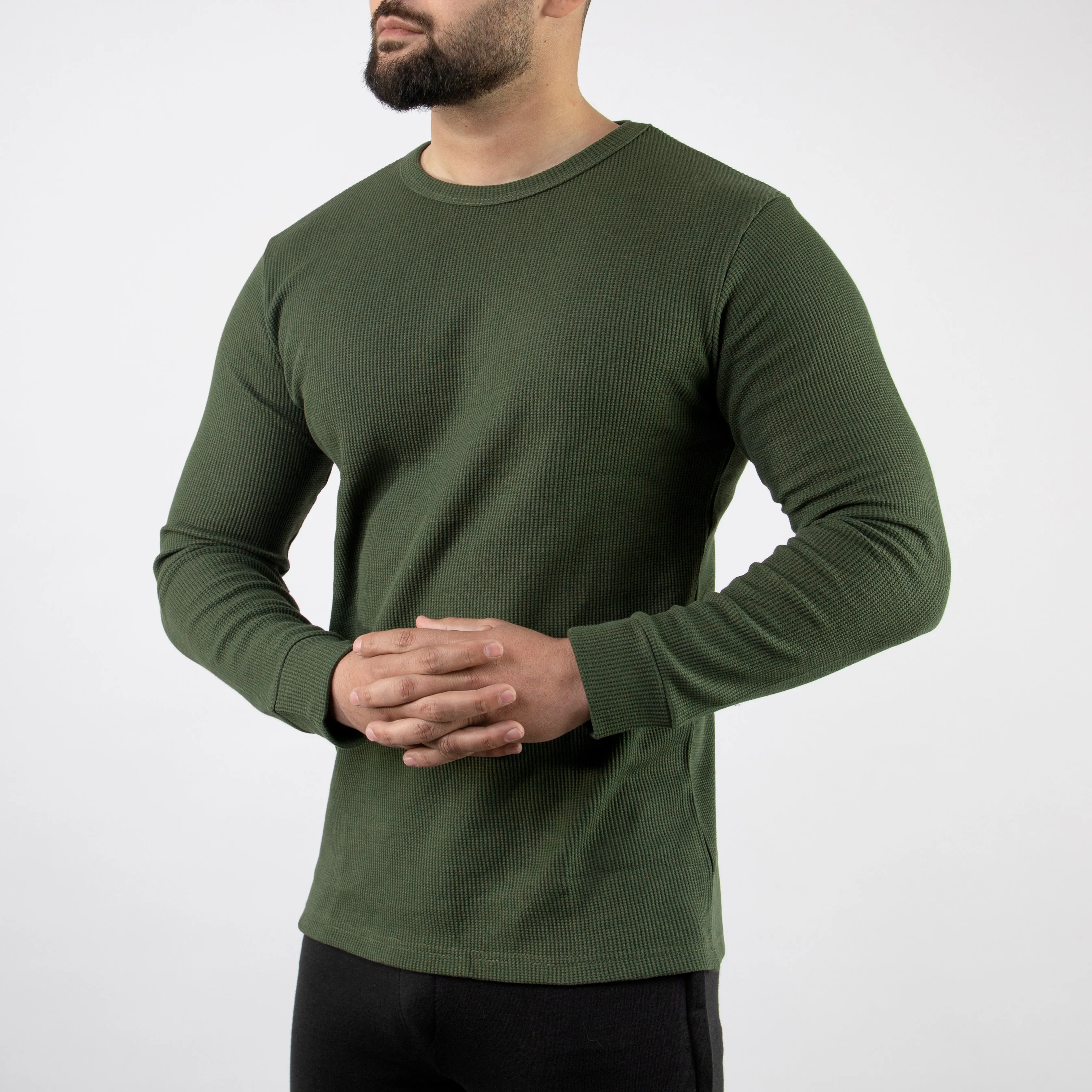 Olive Thermal Full Sleeves Waffle-Knit