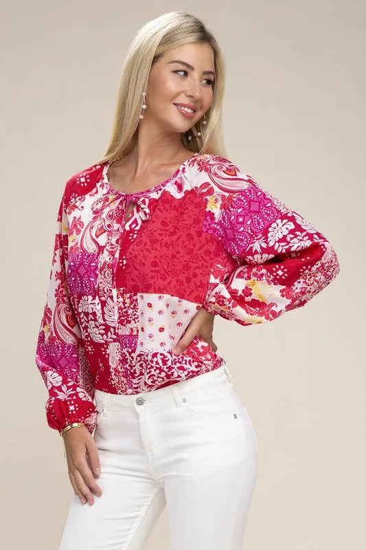 Patchwork Print Tie Neck Blouse