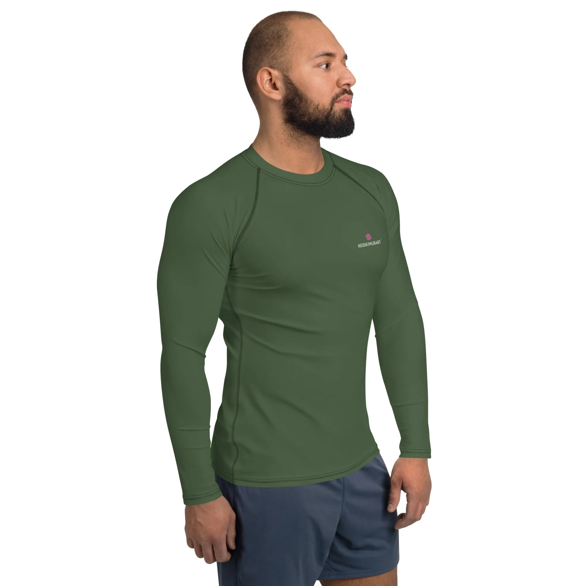 Pine Green Color Men's Top, Best Men's Rash Guard UPF 50  Long Sleeves Designer Polyester Spandex Sportswear