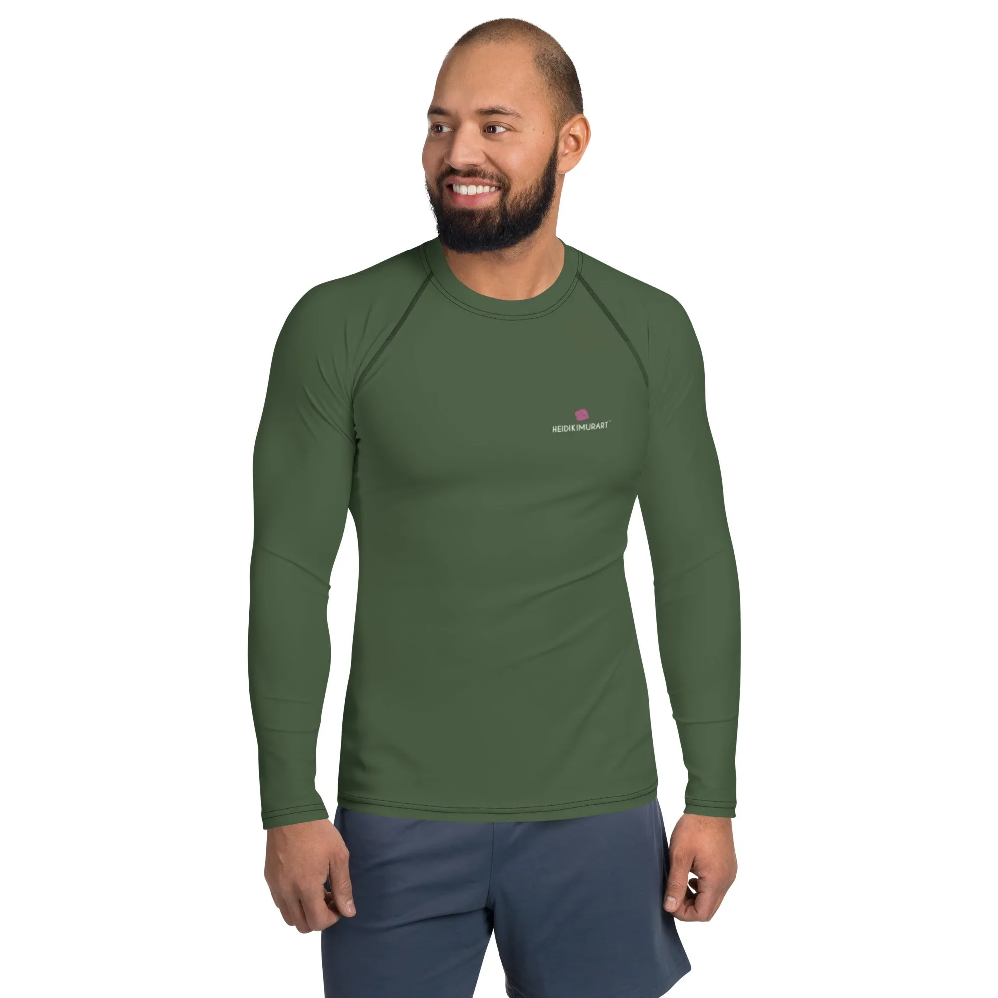 Pine Green Color Men's Top, Best Men's Rash Guard UPF 50  Long Sleeves Designer Polyester Spandex Sportswear