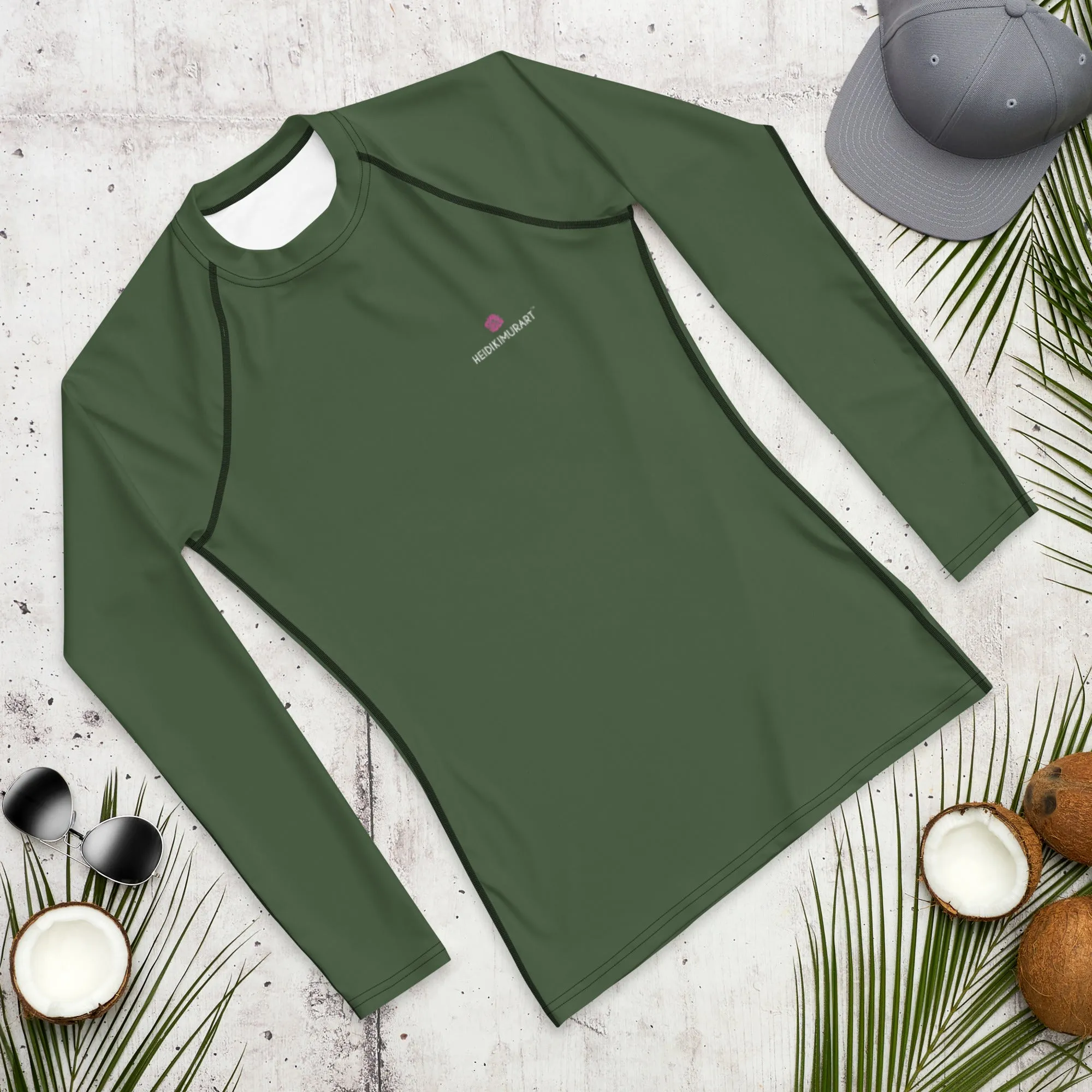 Pine Green Color Men's Top, Best Men's Rash Guard UPF 50  Long Sleeves Designer Polyester Spandex Sportswear