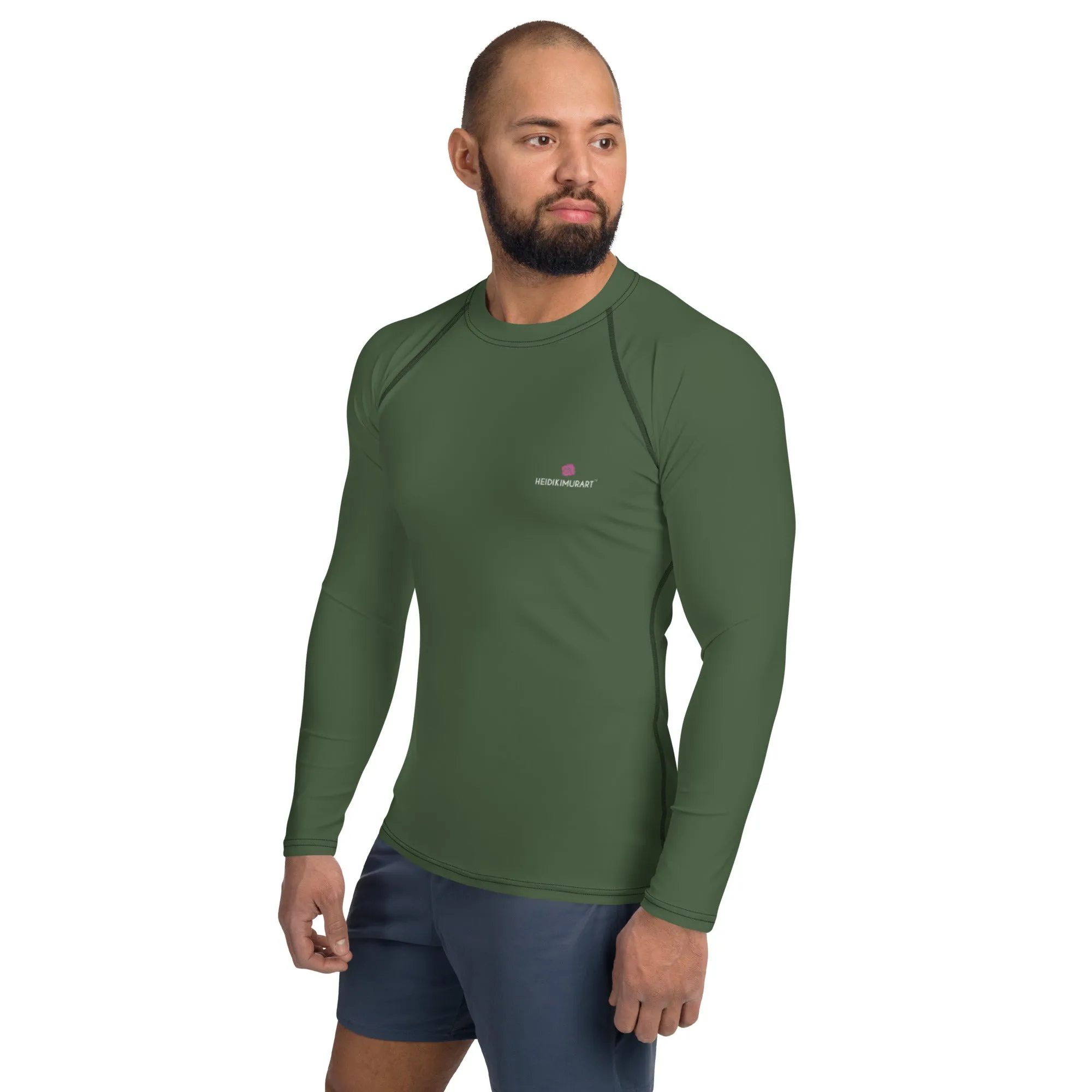 Pine Green Color Men's Top, Best Men's Rash Guard UPF 50  Long Sleeves Designer Polyester Spandex Sportswear