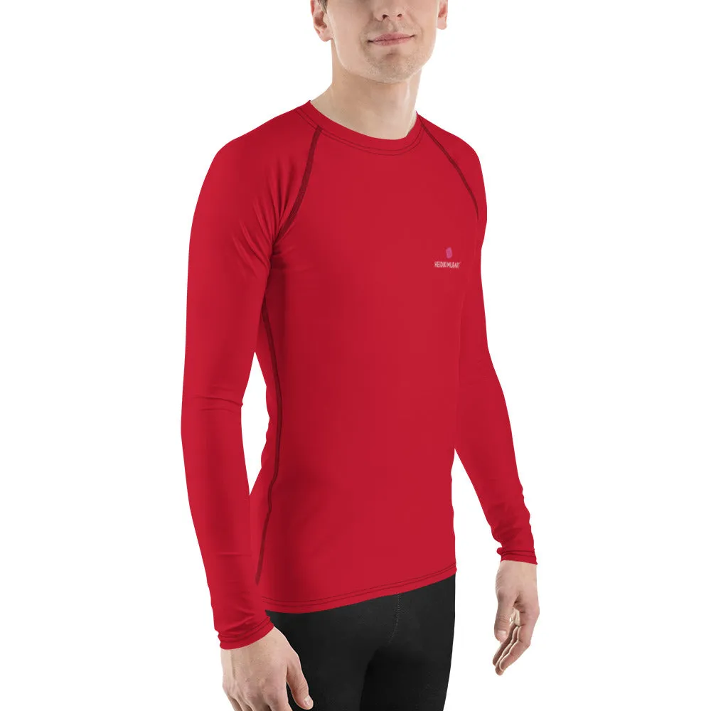 Red Solid Color Men's Top, Best Men's Rash Guard UPF 50  Long Sleeves Designer Polyester Spandex Sportswear