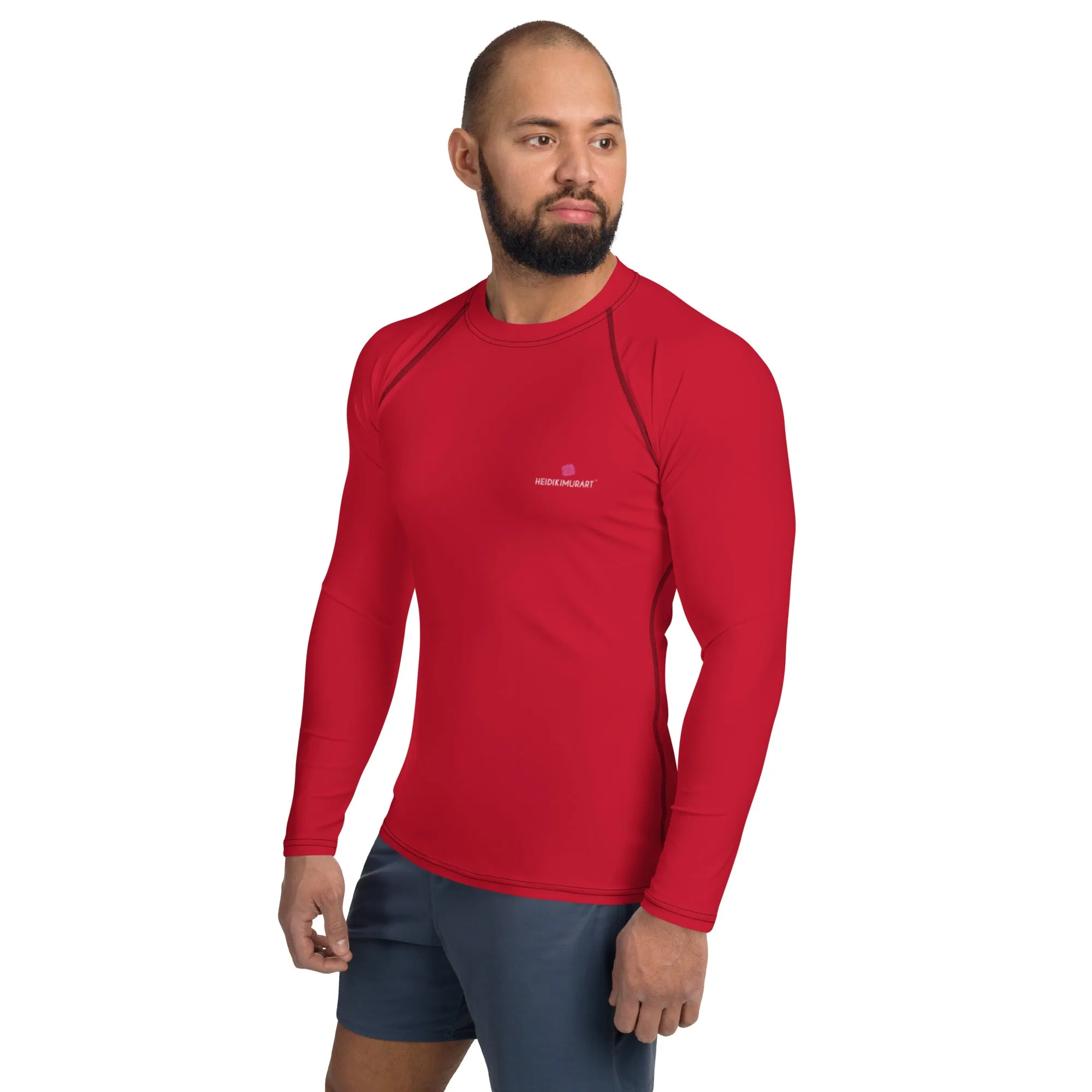 Red Solid Color Men's Top, Best Men's Rash Guard UPF 50  Long Sleeves Designer Polyester Spandex Sportswear