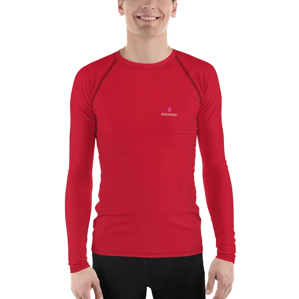 Red Solid Color Men's Top, Best Men's Rash Guard UPF 50  Long Sleeves Designer Polyester Spandex Sportswear