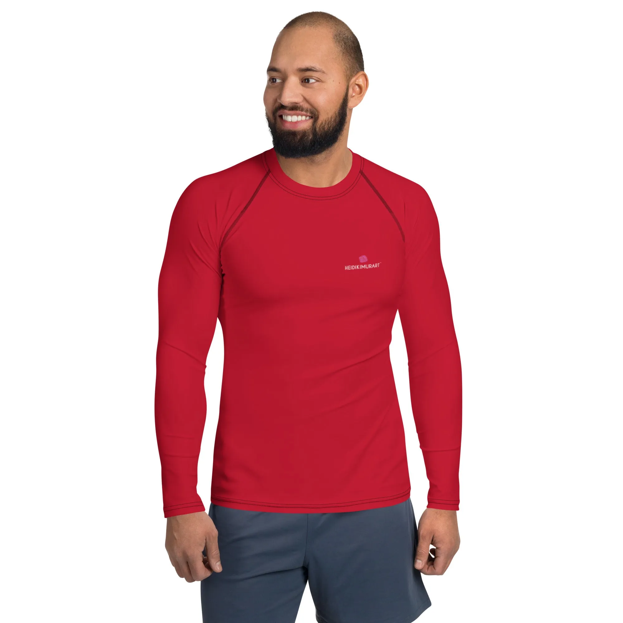 Red Solid Color Men's Top, Best Men's Rash Guard UPF 50  Long Sleeves Designer Polyester Spandex Sportswear